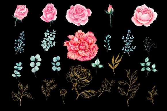 Bunch of Pink Peony and Roses Gold Art
