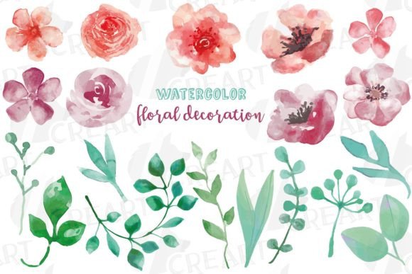 Burgundy, Coral Pink Flowers Green Leaf: Elevating Your Creative Projects with Watercolor Elegance